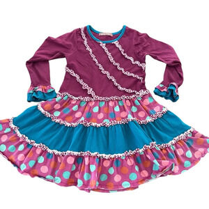 Jelly The Pug Girls size 8 Burgundy Tiered Ruffle Dress Cotton Knit Polka Dot